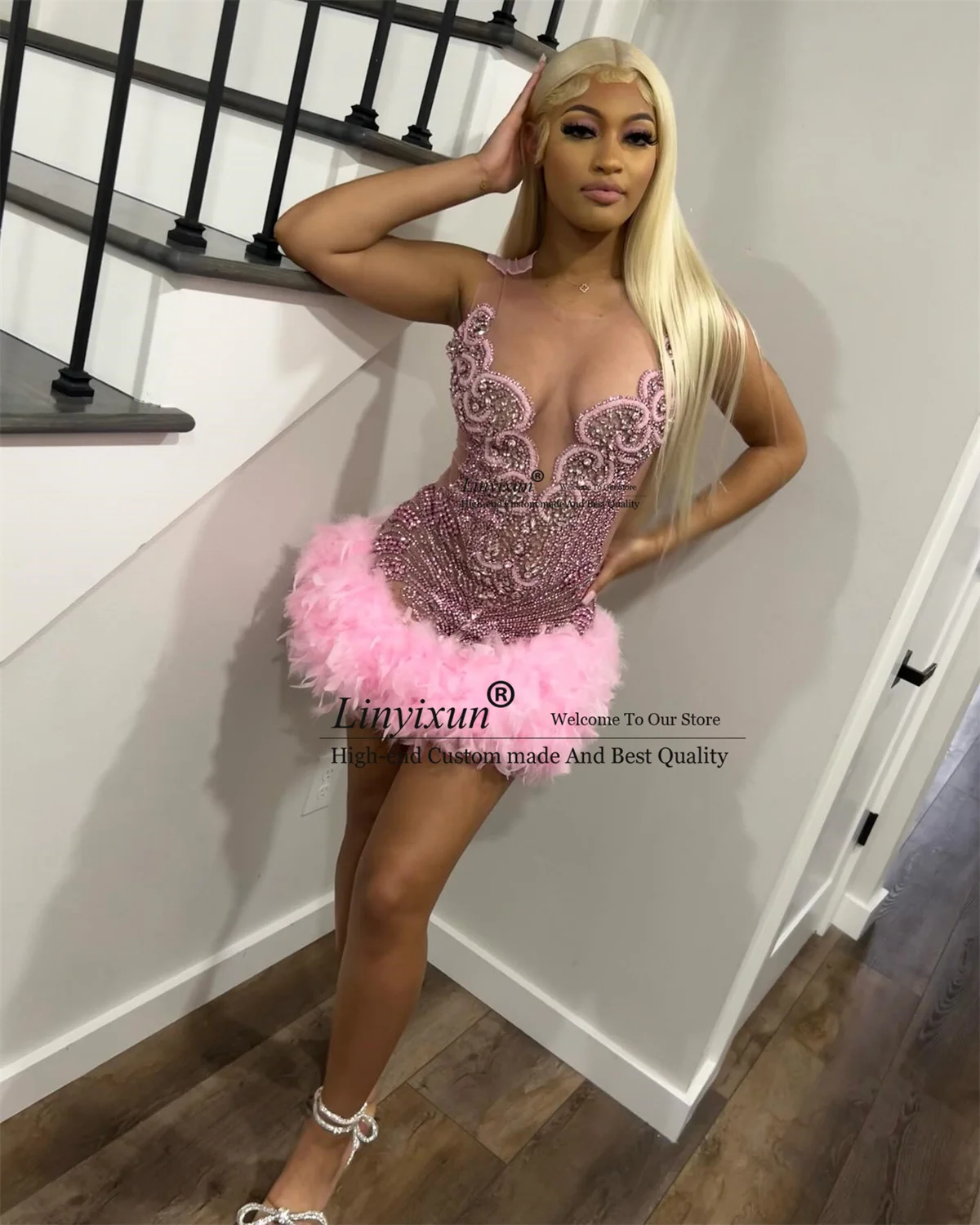 Luxury Beaded Crystal Homecoming Dresses With Feathers Sexy Cocktail Party Gowns A Line Graduation Birthday Short Prom Gowns