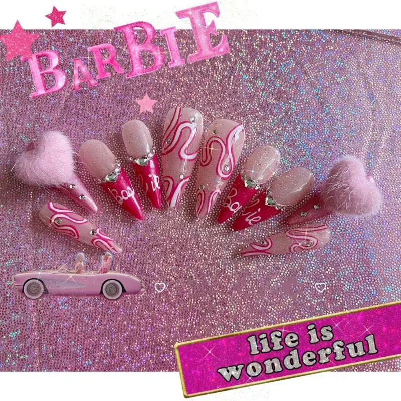 Cute Cartoon Kawaii Barbie DIY European and American style Y2K ultra long Nail Patch Detachable Fake Nail Handmade and Reusable