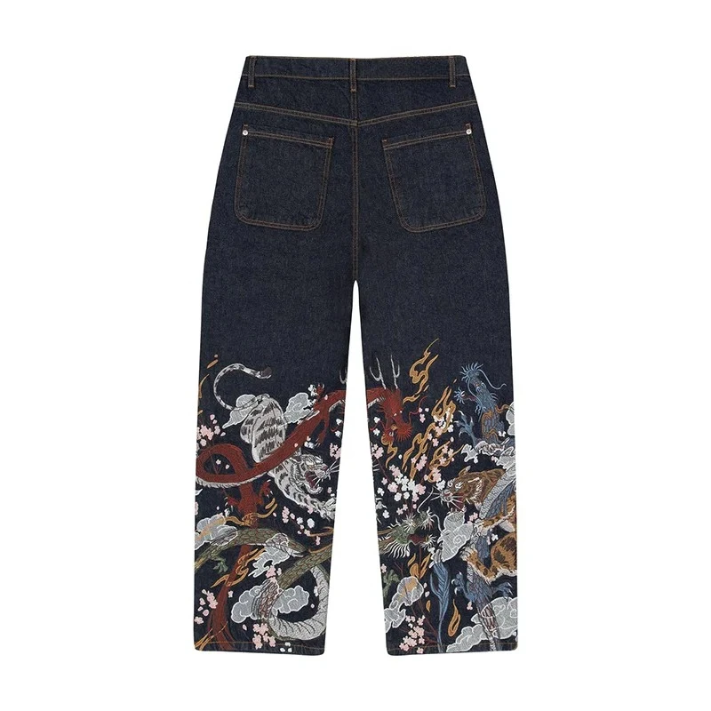 

Y2K модные трендовые джинсы, традиционные китайские мифические звери, свободные джинсы с вышивкой и высокой талией, хип-хоп, мужская и женская уличная одежда в стиле ретро