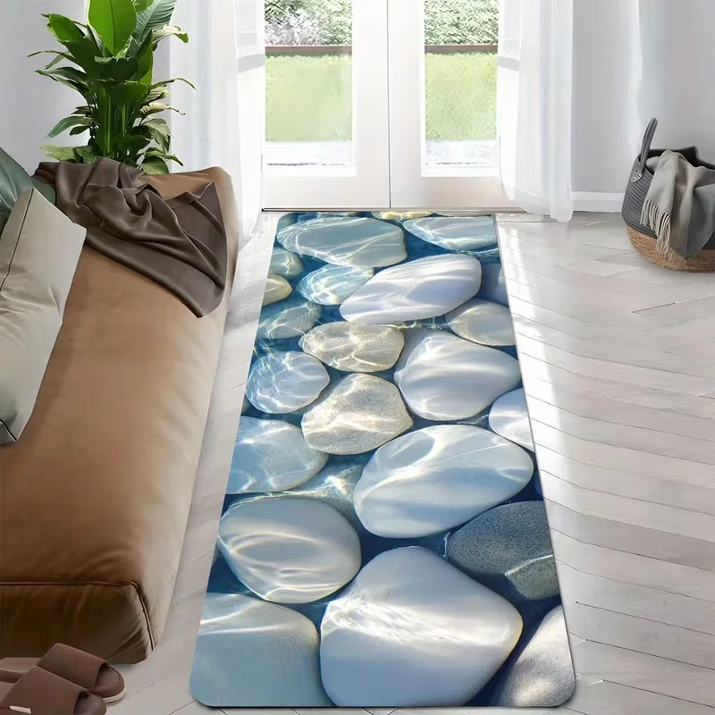 Pebble Stone Long Floor Rug Non Slip Runner Mat Realistic Cobblestone Print Carpet Indoor Entry Decor