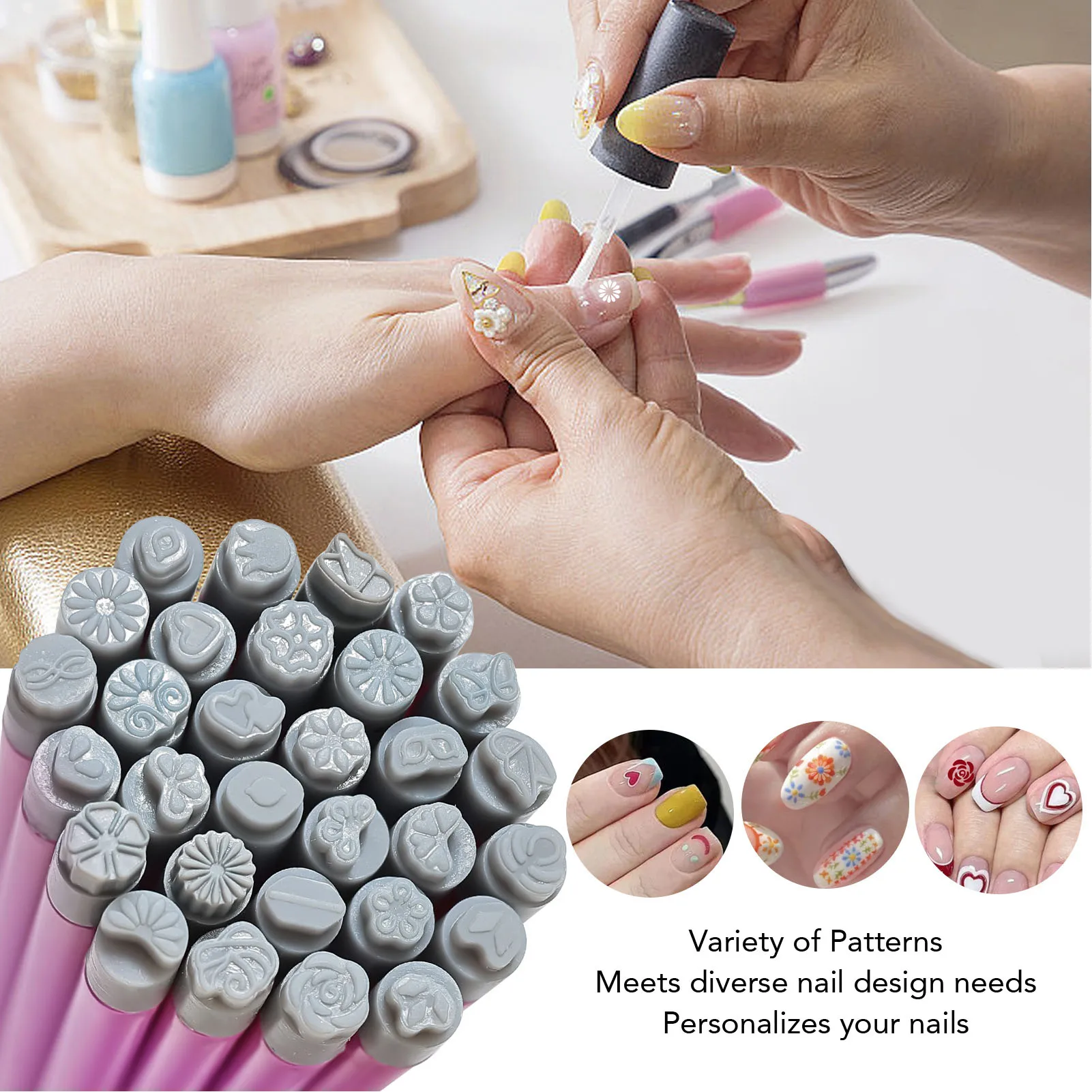 

Nail Stamper Pen Nail Art Flower Stamp Pen DIY 30 Pcs Different Patterns Silicone Tip Portable Nail Art Stamp Pen Set