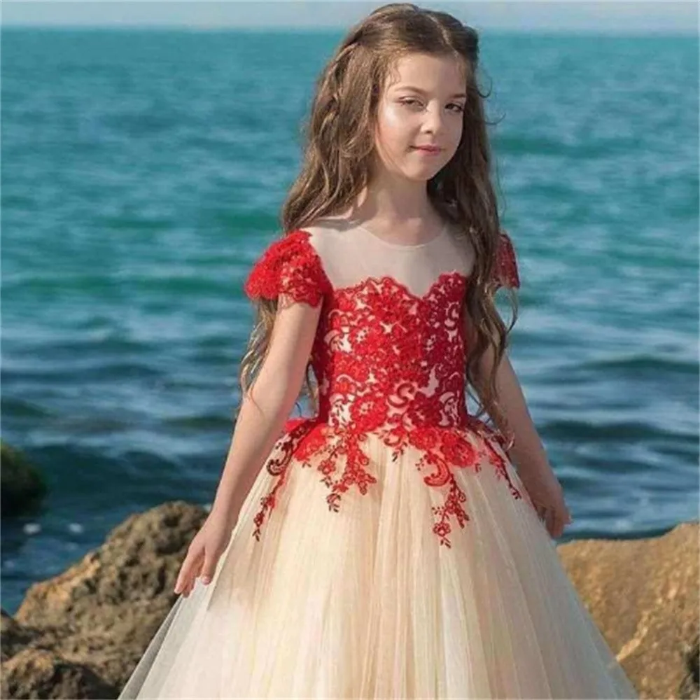 Elegant Tulle Lace Printing Fluffy First Communion Dresses Princess Flower Girl Dresses Wedding Party Ball Birthday Present