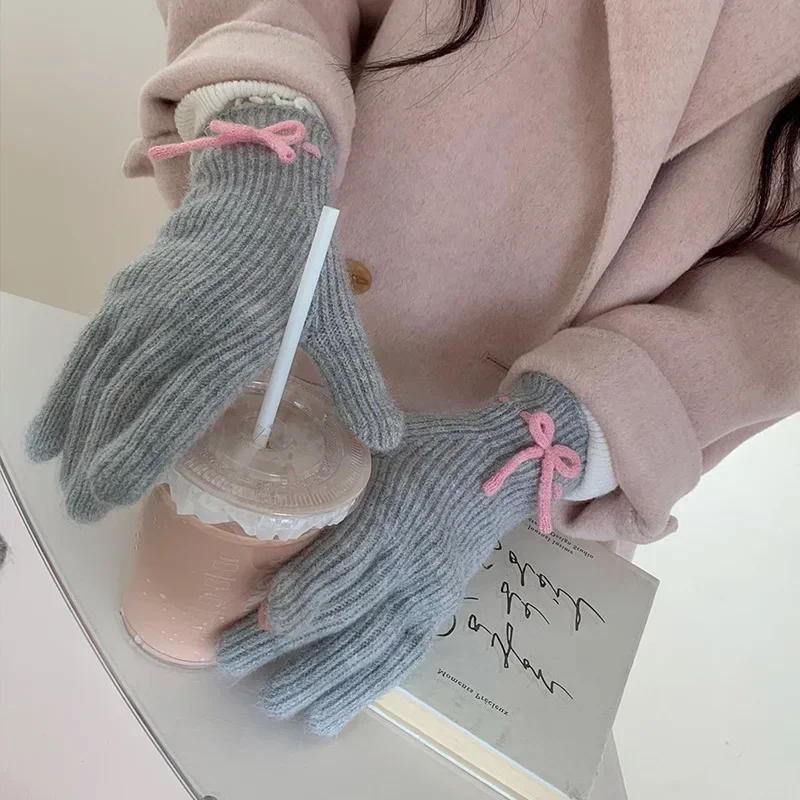 Korea Women Knitted Bow Gloves Winter Warm Touch Screen Gloves Fullfinger Kawaii Japanese Jk Cycling Mittens Y2k Accessories