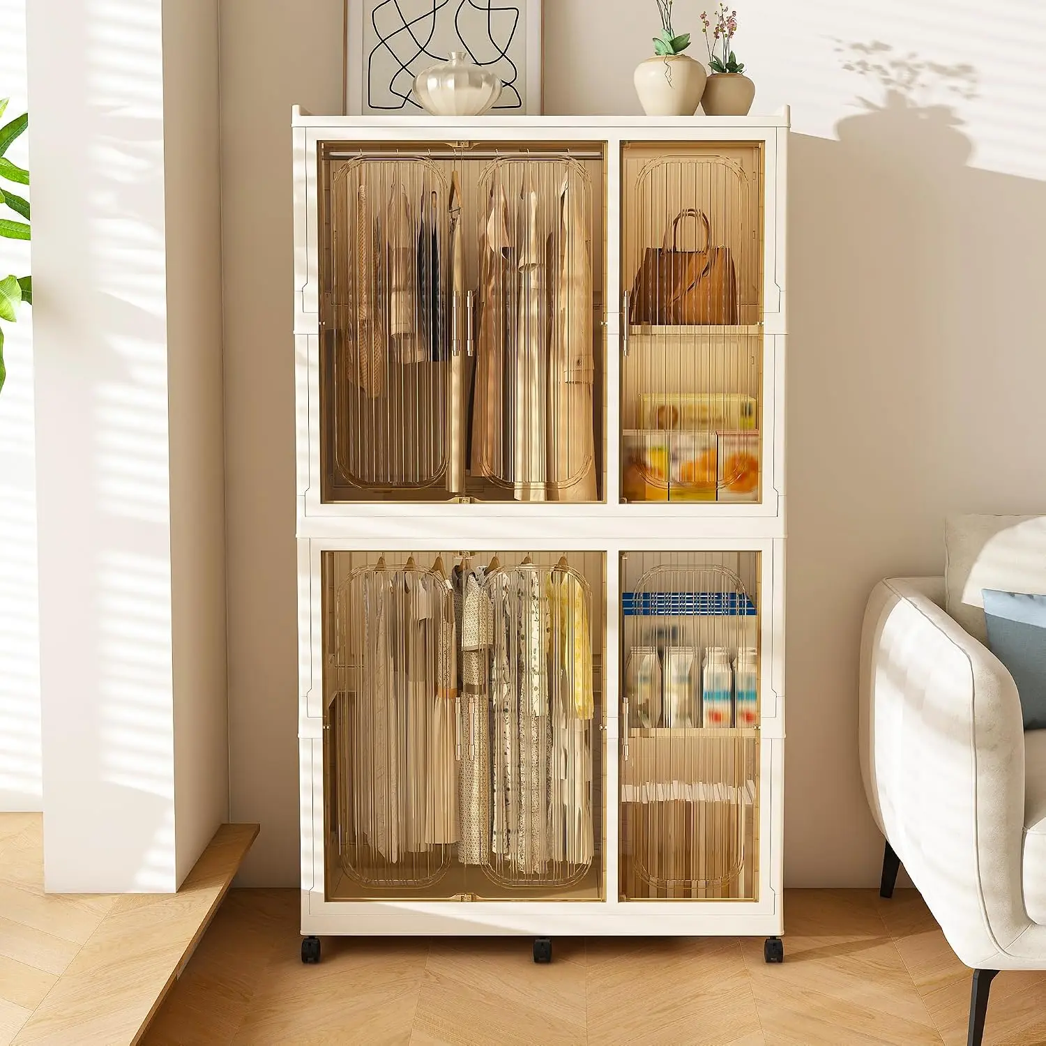 Portable Wardrobe Closet Storage Organizer for Clothes, Large Collapsible Plastic Wardrobe with Wheels, Foldable Clothes Storage