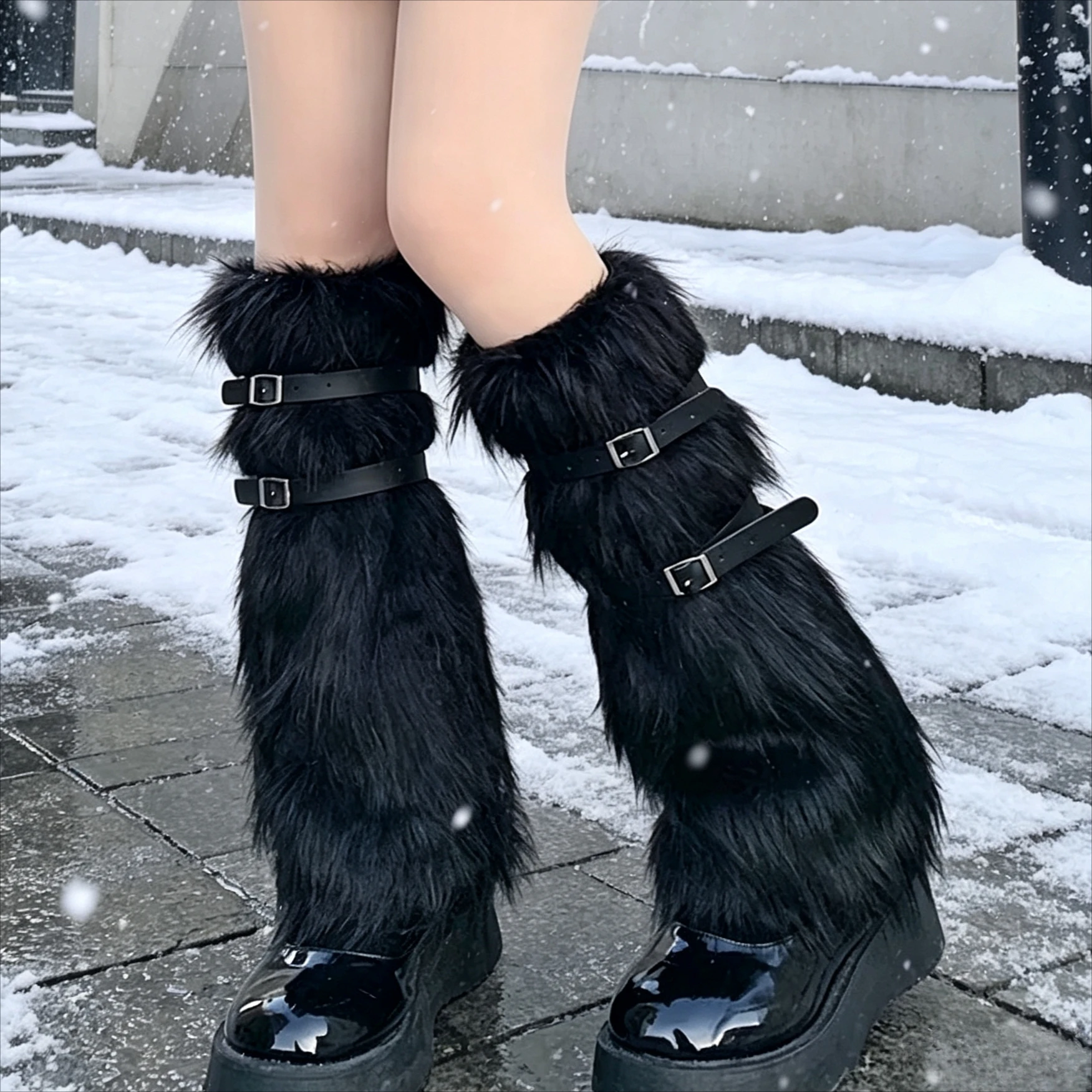 Faux Fur Buckle Mid Calf Leg Warmers Y2K Kawaii Plush Warm Boot Covers for JK Cosplay Harajuku Stacked Socks