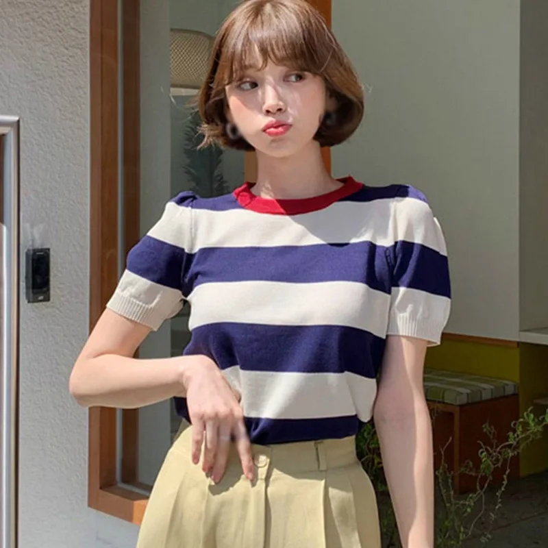 Korean Fashion Woman O Neck Color Striped Crop Tops Casual Summer Short Sleeve Knitted T-Shirt