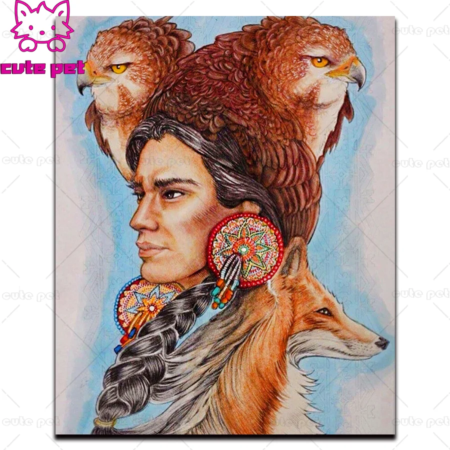 Full square Drill diamond painting Cross Stitch Indian tribe man pattern rhinestone mosaic diamond inlaid Eagle wolf fox decor