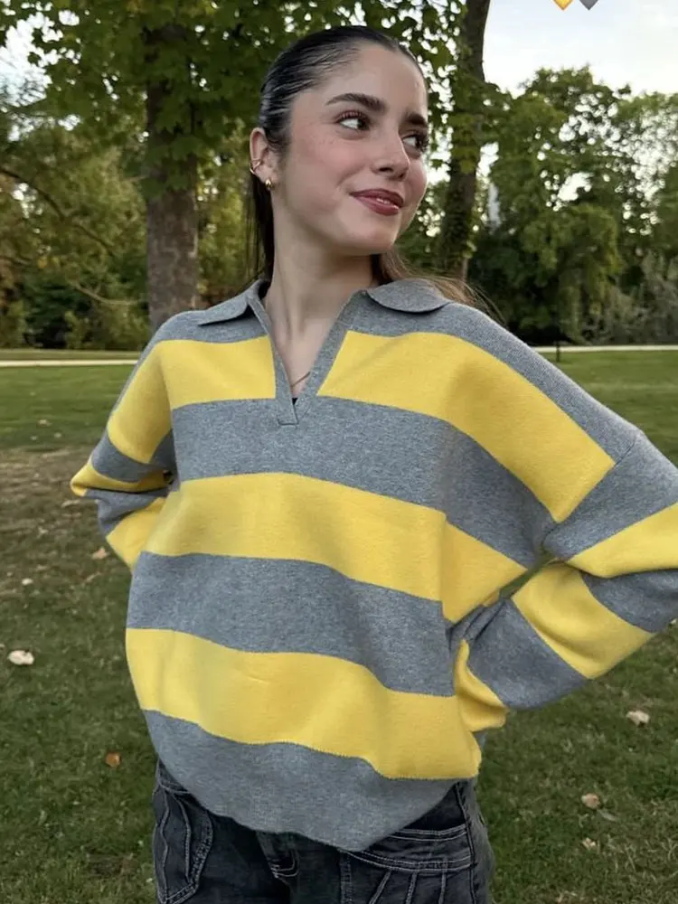 HH Women Trend Casual Striped Knitted Pullover Sweater Lapel Long Sleeve Sweater Shirt Spring Fashion High Street Lady Chic Tops