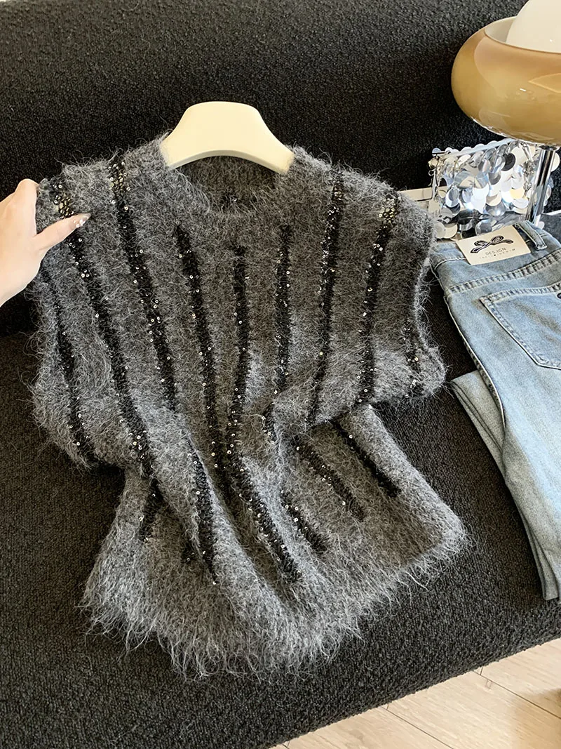 

Полосатый модный жилет без рукавов с полыми пайетками на осень/зиму, многослойный мягкий и липкий вязаный свитер для женщин