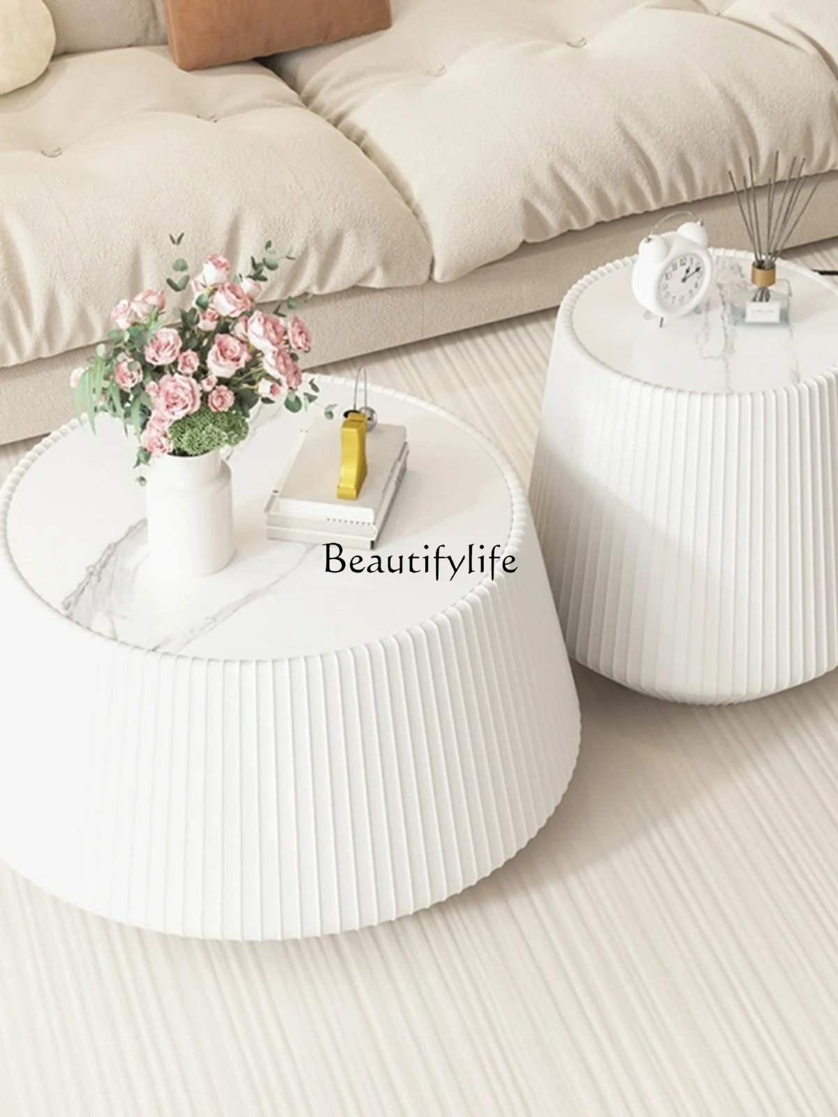 

round Stone Plate Tea Table Size Combination Small Apartment Light Luxury and Simplicity Modern Household Cream Style Tea Table