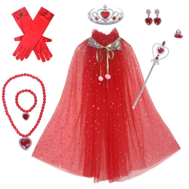 Sparkly Star Speck Sheer Cloak Accessory Kit Toddler Red Heart Gem Crown Scepter Pearl Long Satin Gloves Holiday Party Outfit
