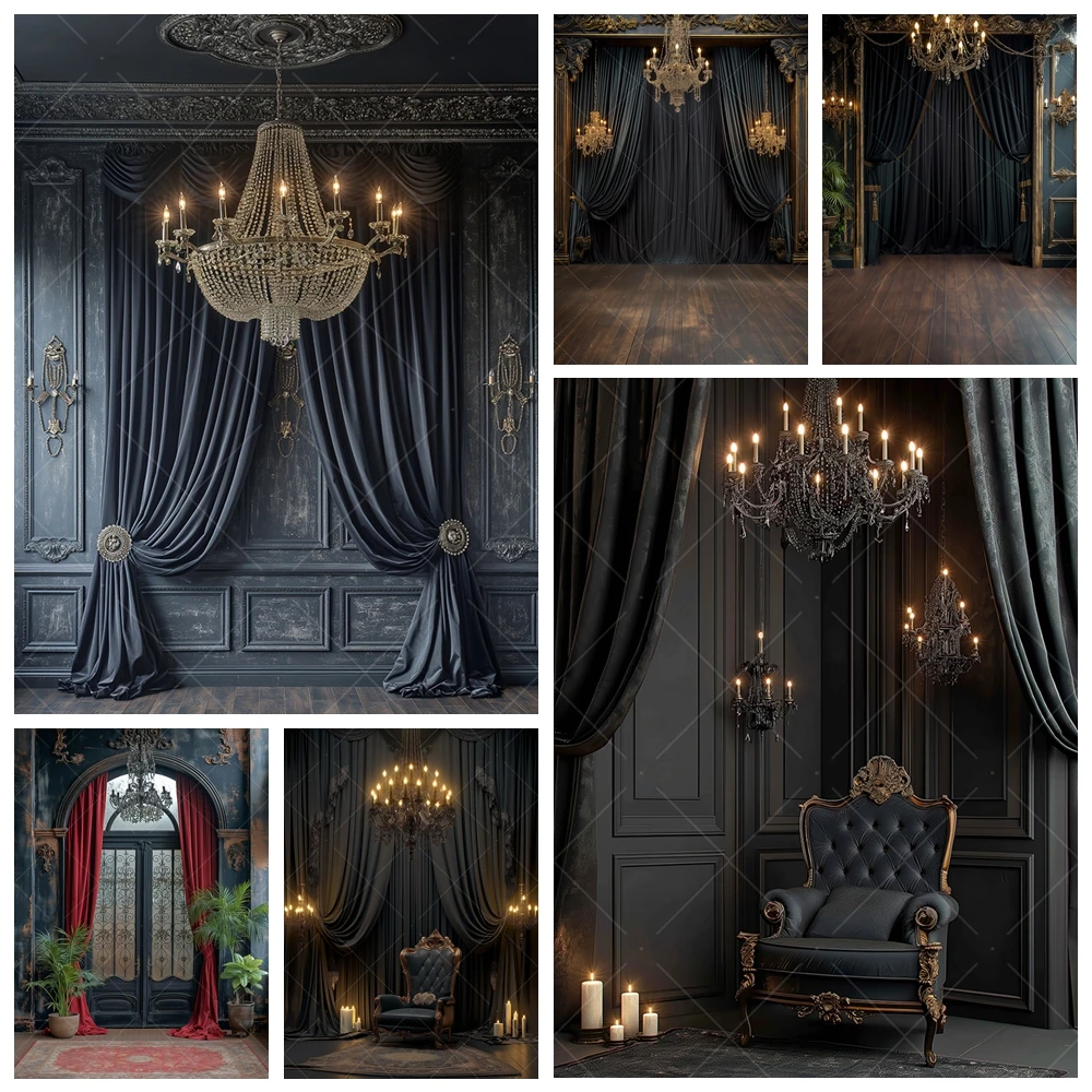 Black Curtain Luxury Chandelier Photography Background Custom Adults Birthday Portrait Photocall Decor Backdrop Photo Studio Pro