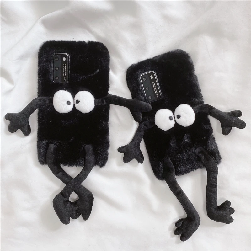 Cute Cartoon Briquettes Plush Fur Phone Case For Huawei P30 P20 P40 Lite P50 Pro Y8P Y6P Y5P Y7P Y5 Y6 Y7 2019 Y7A P Smart Plus