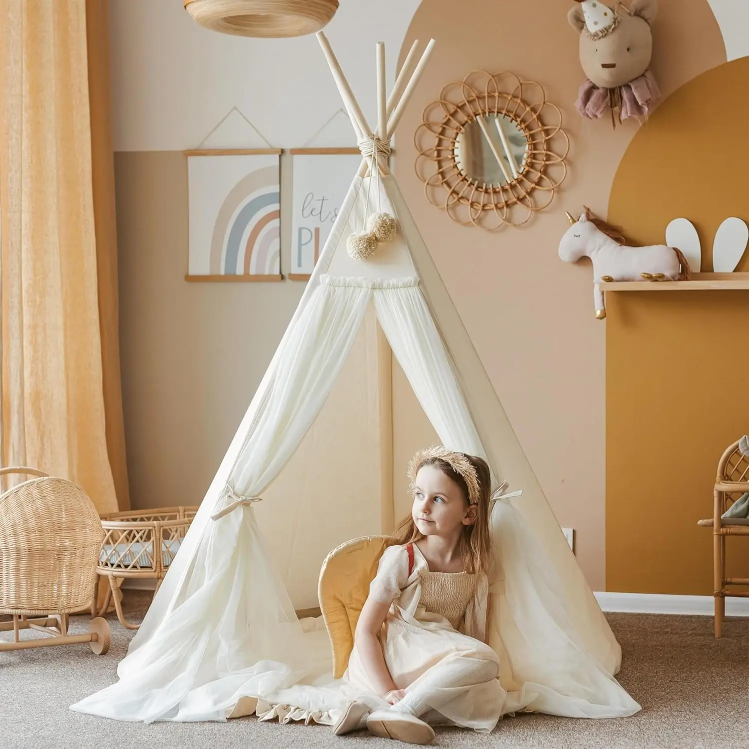 Original Teepee Tent For Kids, Handmade Natural Canvas, Tulle, & Wooden Playhouse Tent For Children & Toddlers, Princess