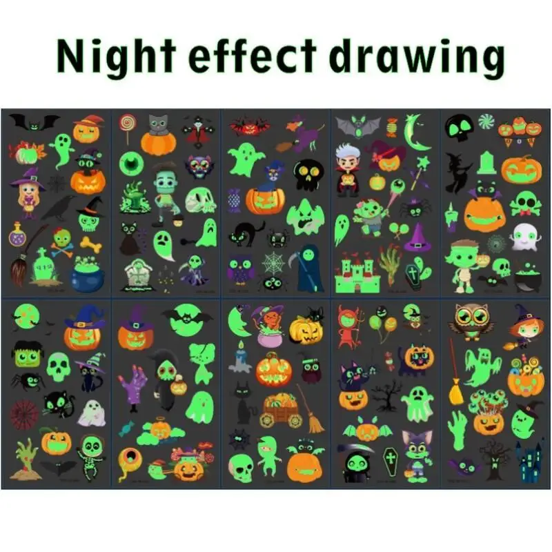 Halloween Luminous Temporary Tattoo Stickers 10 Sheets Adult Glow In Dark Pumpkin Ghost Pattern Scary Horror Theme Decor Decals