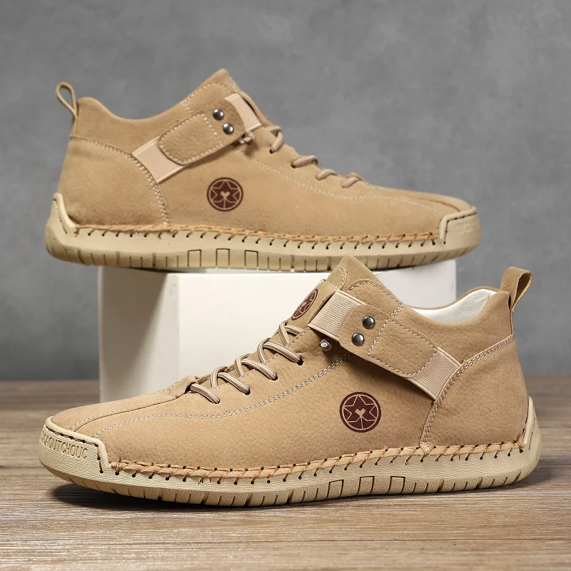 

Large size men's leather shoes with hand-stitched seams, outdoor men's flat slip-on loafers