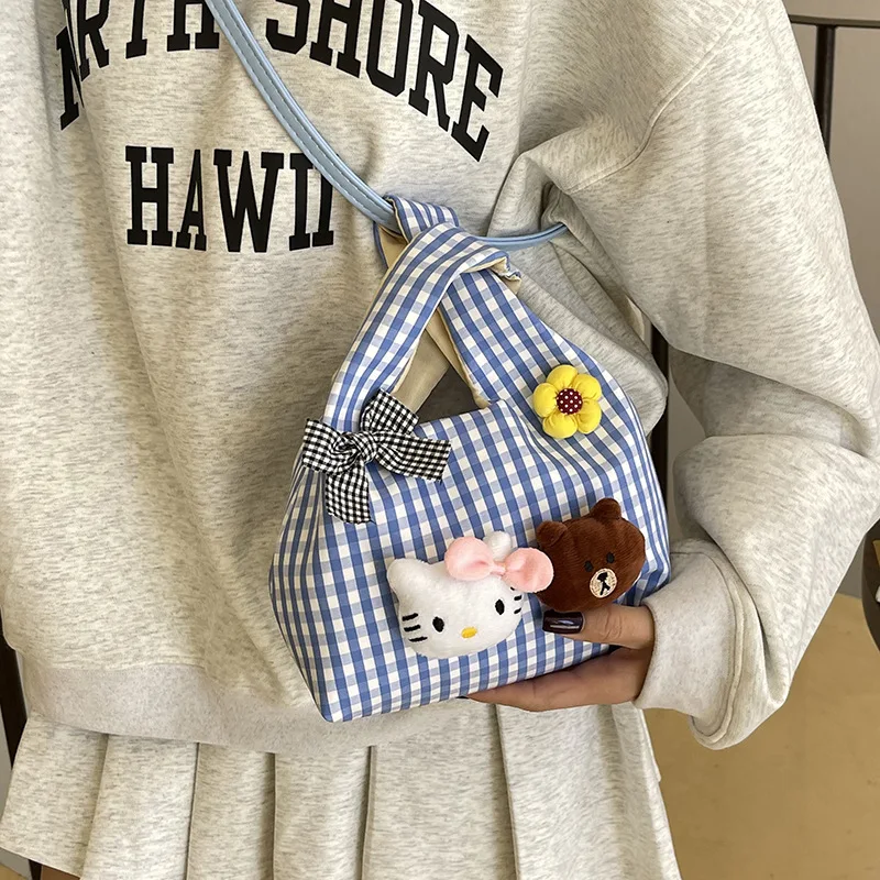 

2025 Cute Plaid Crossbody Bag Womens Trendy KT Cat Plush Shoulder Purse Sweet Vintage Mini Handheld Tote Fashion Accessory