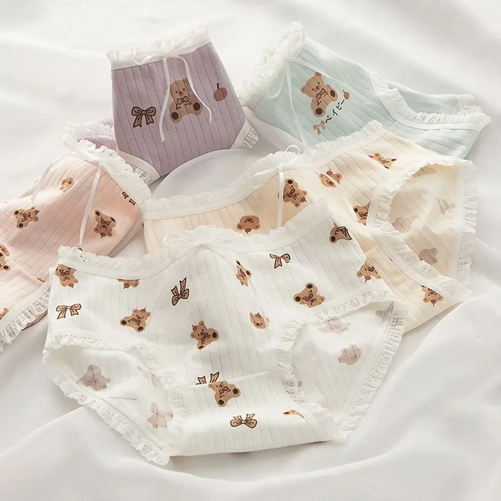 Soft Cotton Panties Mid-waist Women\'s Cartoon Cute Bear Underwear Lace Bow Girl Briefs Female Underpants Ladies Lingerie