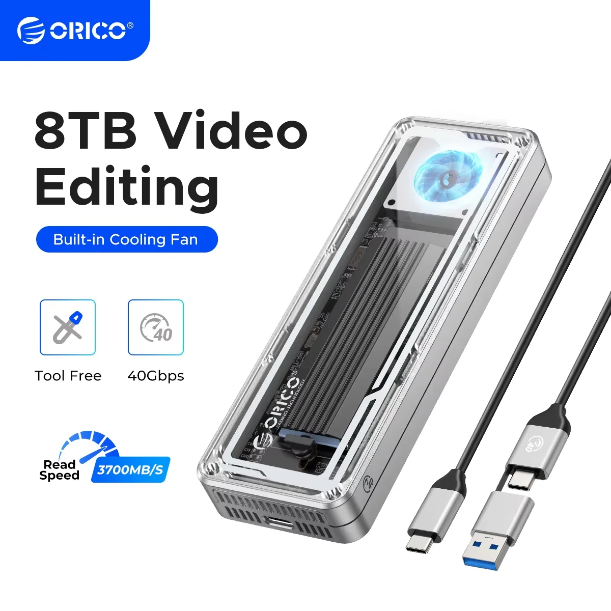 Boîtier SSD NVMe M.2 ORICO 40 Gbps avec ventilateur de refroidissement, installation sans outil, boîtier NVMe en aluminium cristallin, prend en charge les disques SSD M2 2280, compatible avec Thunderbolt 3/4 USB4/3.2/3.1/3.0
