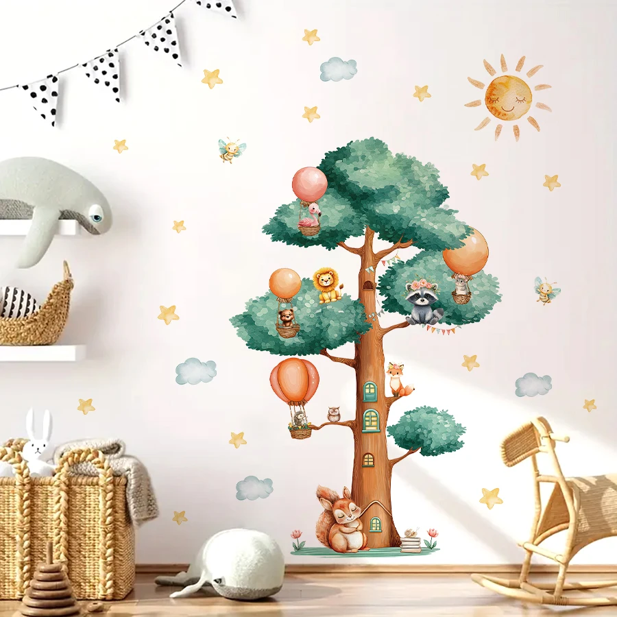 Whimsical Cartoon Tree & Animals Wall Decals - Removable Vinyl Stickers For Kids Room, Nursery & Playful Forest Theme Decor