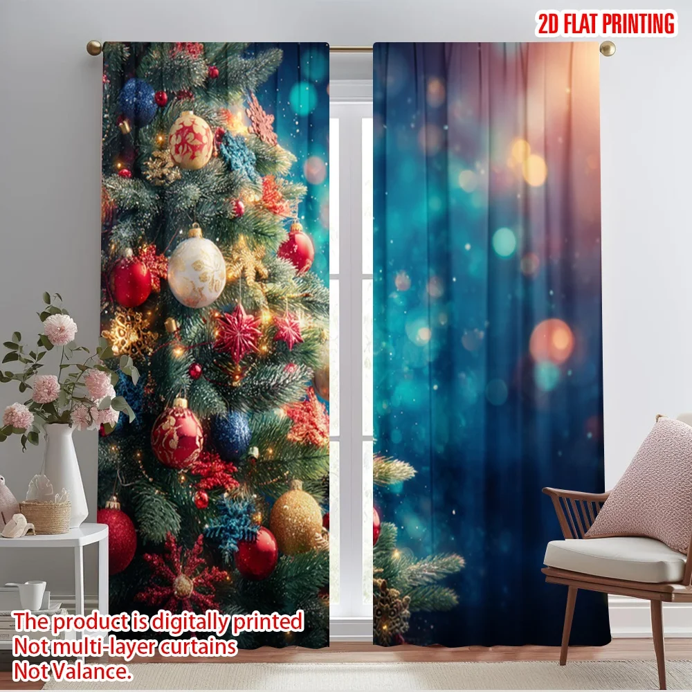 

2pcs 2D flat printing Curtains Festive Fir Glow 100% Polyester Without Electricity Holiday Decorations Perfect for Holiday