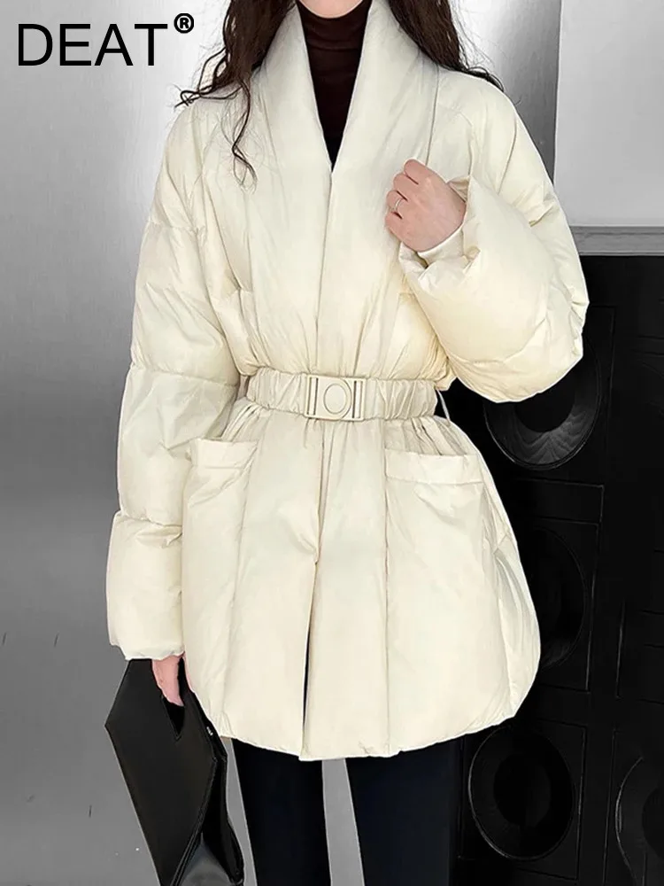 DEAT Fashion Cotton-padded Coat Women's V-neck Loose Solid Color Thick Warm Sahes Quilted Jacket Winter 2024 New Tide 7AB6295