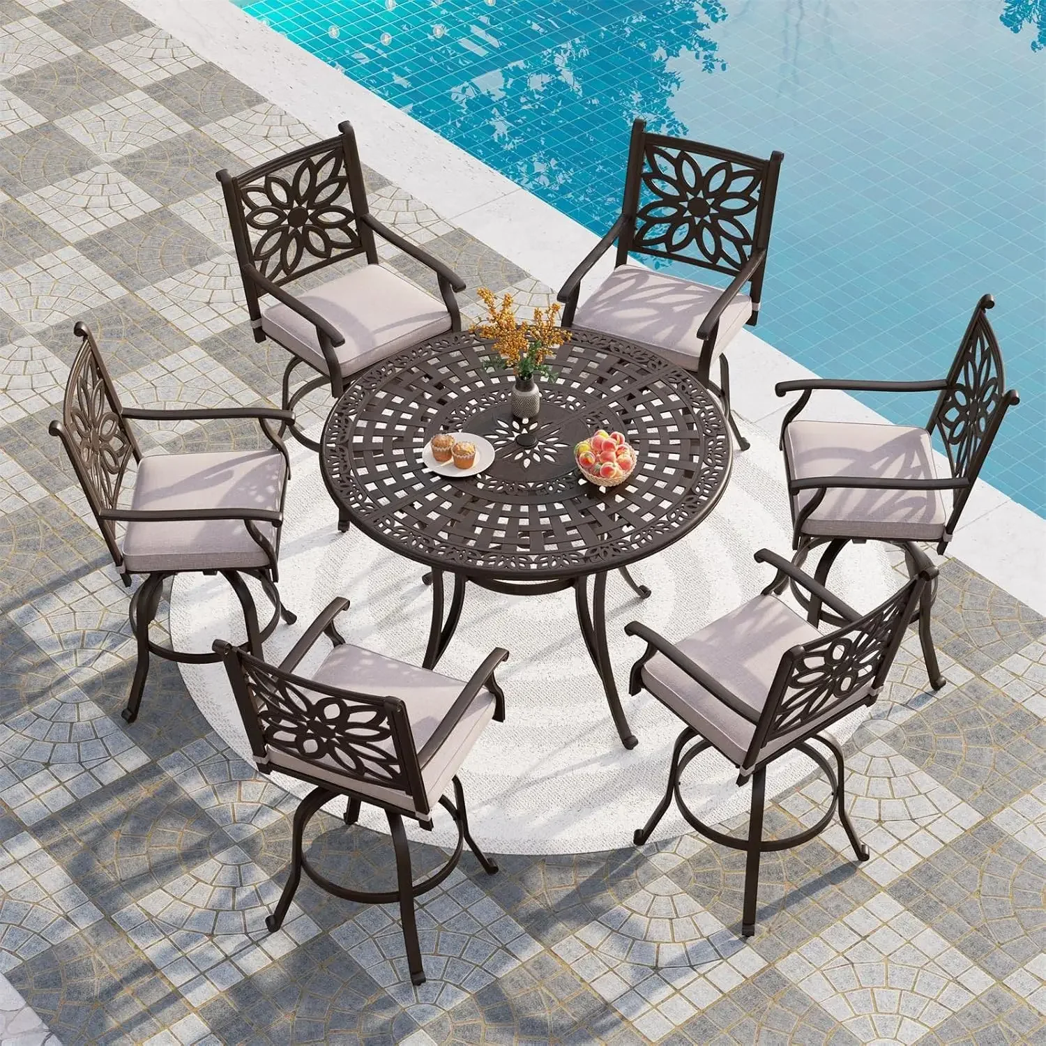 

Cast Aluminum Round High Bar Dining Tables for 6 Person, 54" Dia Engraved Cast-Top Aluminum Table with 2.1" Umbrella Hole