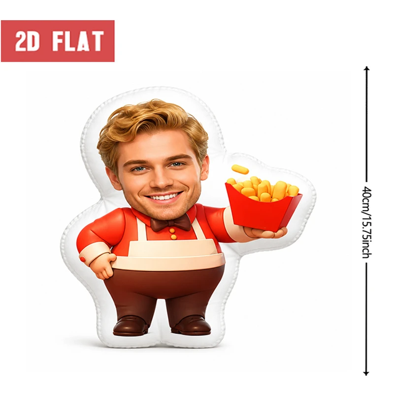 Custom Personalized Photo Face Pillow, Smiling Man in Red Uniform Holding Fries Custom Shaped Decorative Cushion, Unique Home De