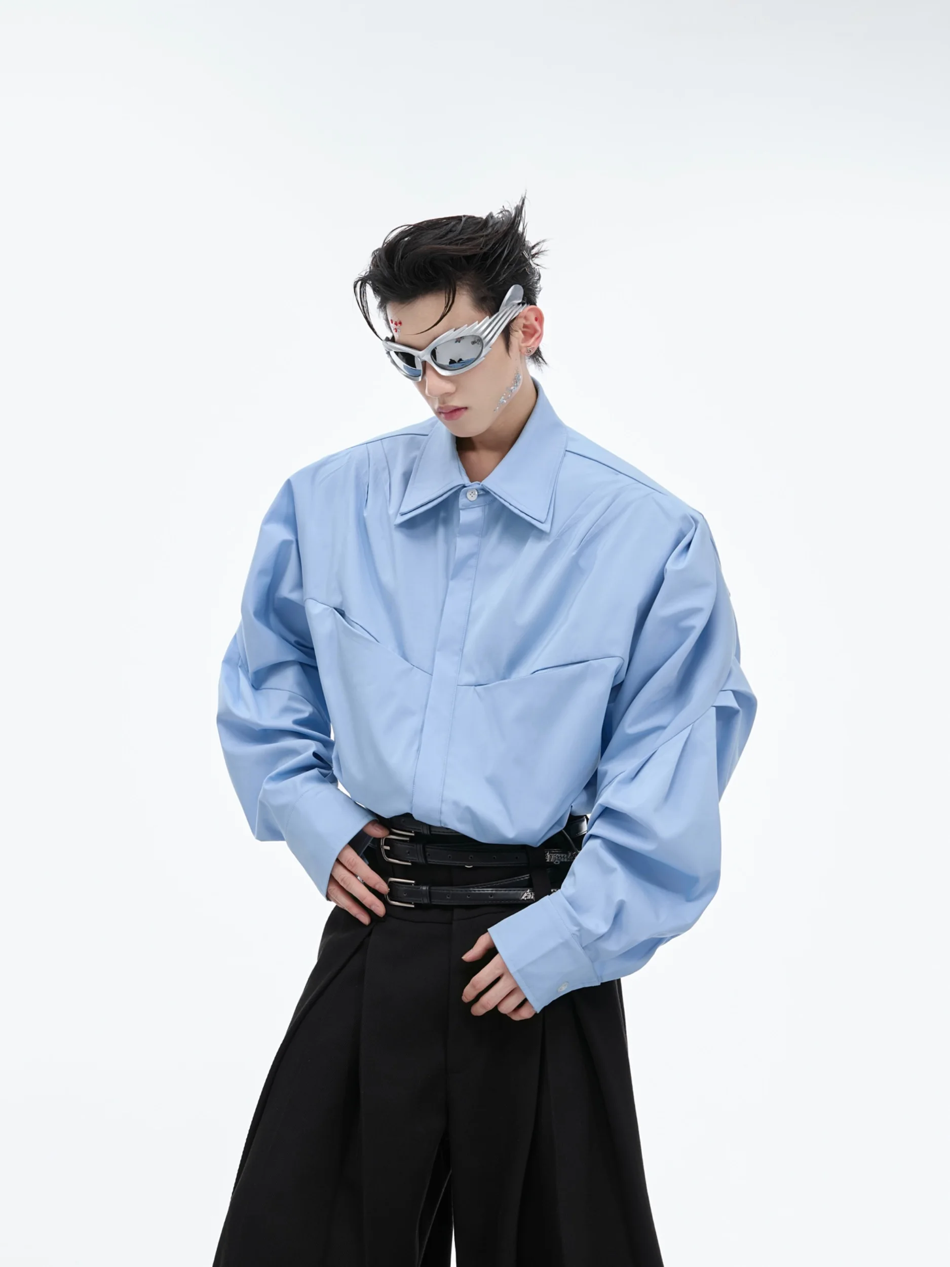 

Loose Fit Pure Color Shirt with Double Layer Collar And Pleated Design Simple Style Casual Long Sleeve Top for Youth