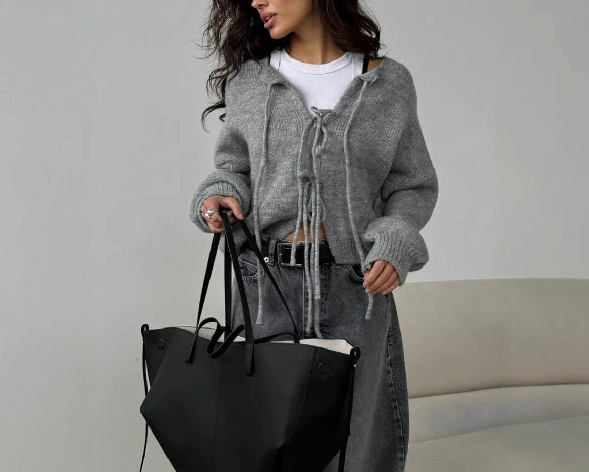 Sweater Wanita Warna Solid dengan Tali Ikat Pita, Gaya Santai, Cardigan Lengan Panjang untuk Musim Gugur dan Musim Dingin, Gaya Wanita