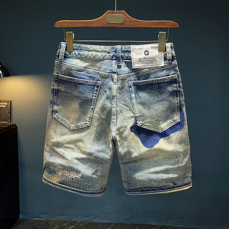 American casual denim shorts men's summer new embroidered five quarter trendy brand retro mid length pants