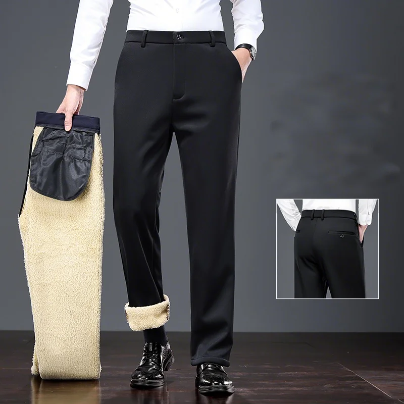 

Mid Age Mens Pants Winter Thermal Dress Trousers Thick Warm Business Casual Office Wear Elastic Waistband Plus Size
