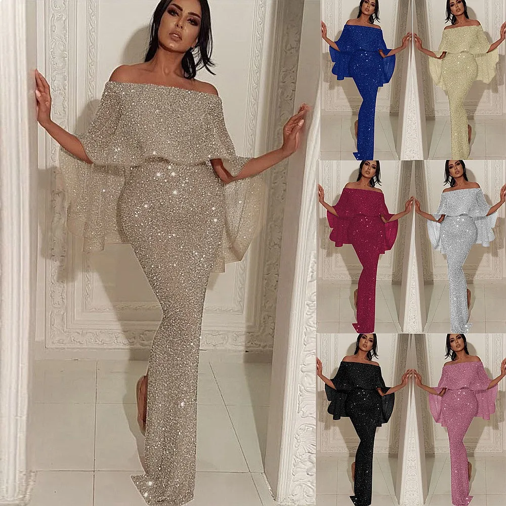 Sequin Bodycon Off-Shoulder Dress with Back Ruffles and Slit Spring Summer Evening Dresses