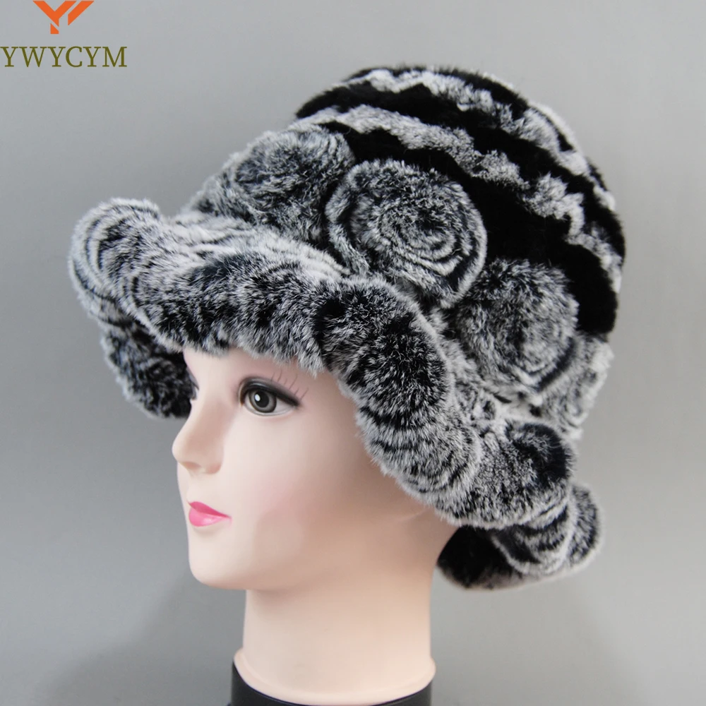 New Genuine Soft Knit Real Rex Rabbit Fur Caps Women Striped Floral Real Rex Rabbit Fur Hat Lady Winter Warm Rex Rabbit Fur Hats