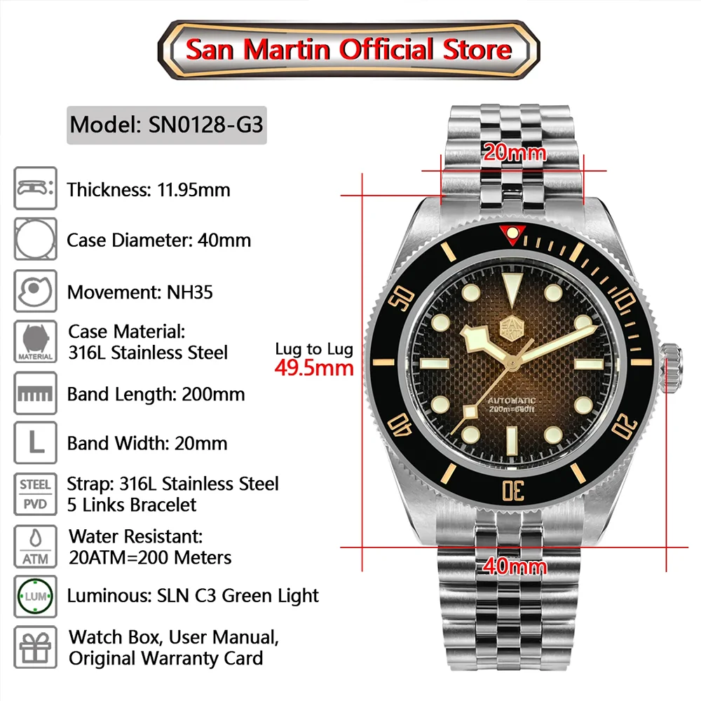 Saint Martin Original 3D Waffle Dial New 40mm Dive Automatic Watch NH35 Men Mechanical Watch  Sapphire Waterproof 200m Luminous