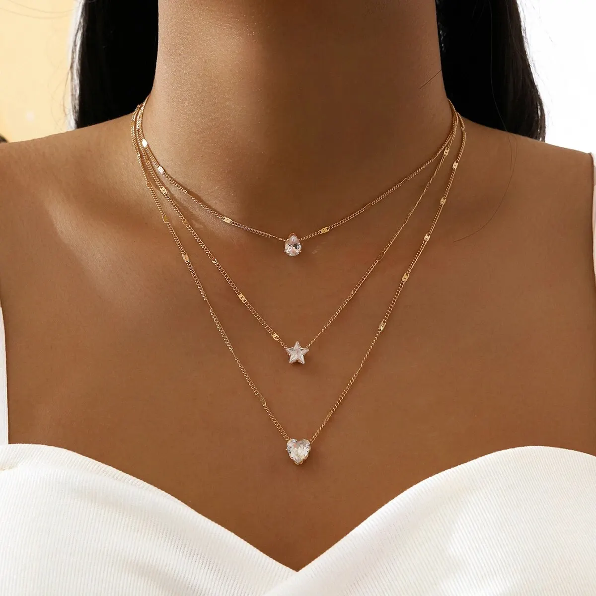 1Pc Multi-layered Dainty Light Luxury Water Drop Love Heart Star Set Chain Pendant Metal Collarbone Necklace Gift For Girl Women