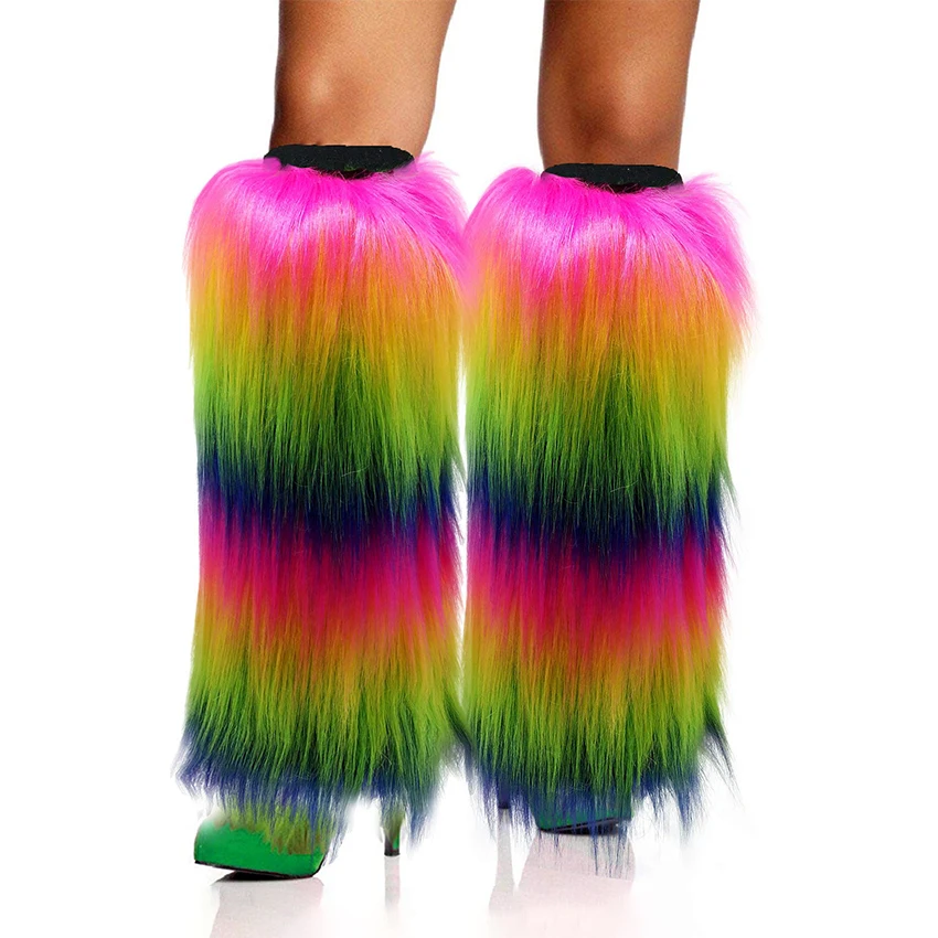 

45cm Rainbow Colors Fuzzy Faux Fur Leg Warmers Fur Heels Long Boots Cuff Cover has Elasticity Dionysia Boot cover Carnival