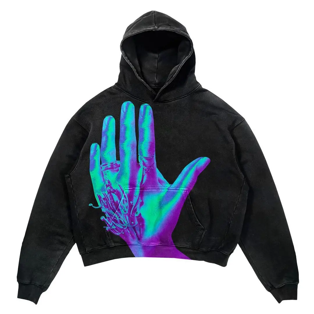 American Hip Hop Colorful Gradient Palm Print Hoodie Spring and Autumn Casual Sweatshirt Y2k Oversized Hoodie Streetwear gothic