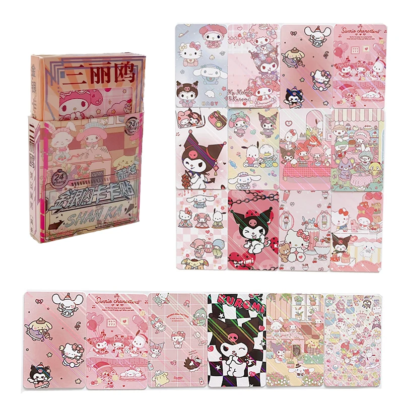 24Pcs Sanrio Laser Card Cartoon Hello Kitty Kuromi Melody Cinnamoroll Collectible Shiny Cards Stickerable Girls Gifts Kids Toys