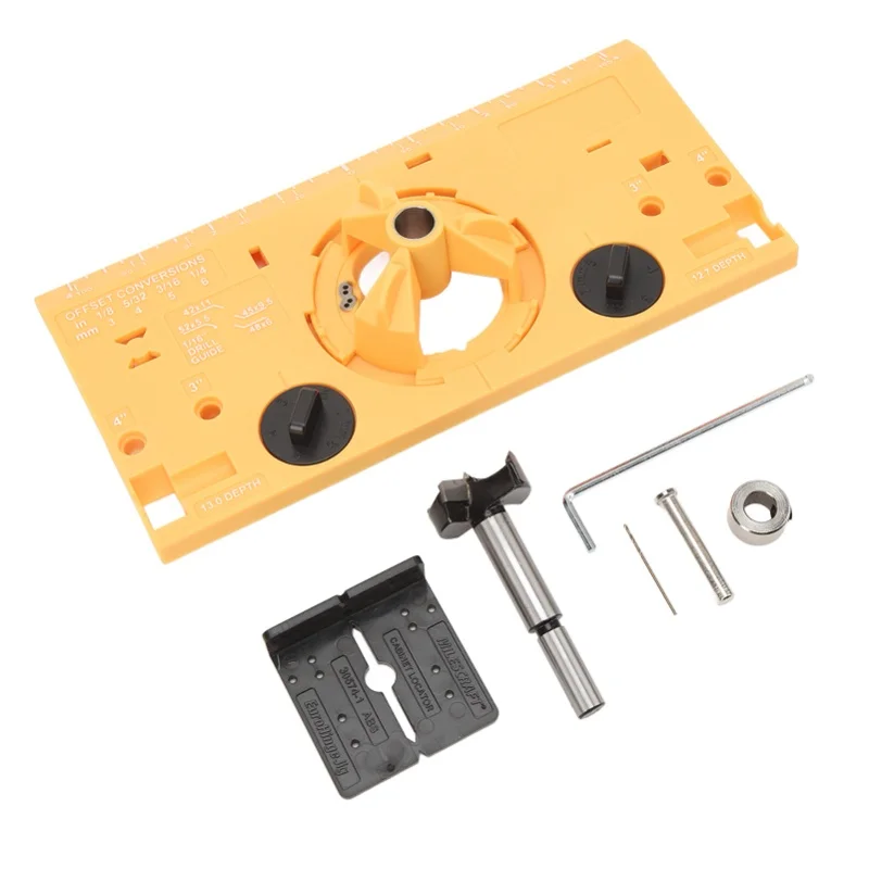 35mm Hinge Boring Jig Woodworking Hinge Hole Drilling Guide Locator With Cutter And 1/16in Bit Yellow