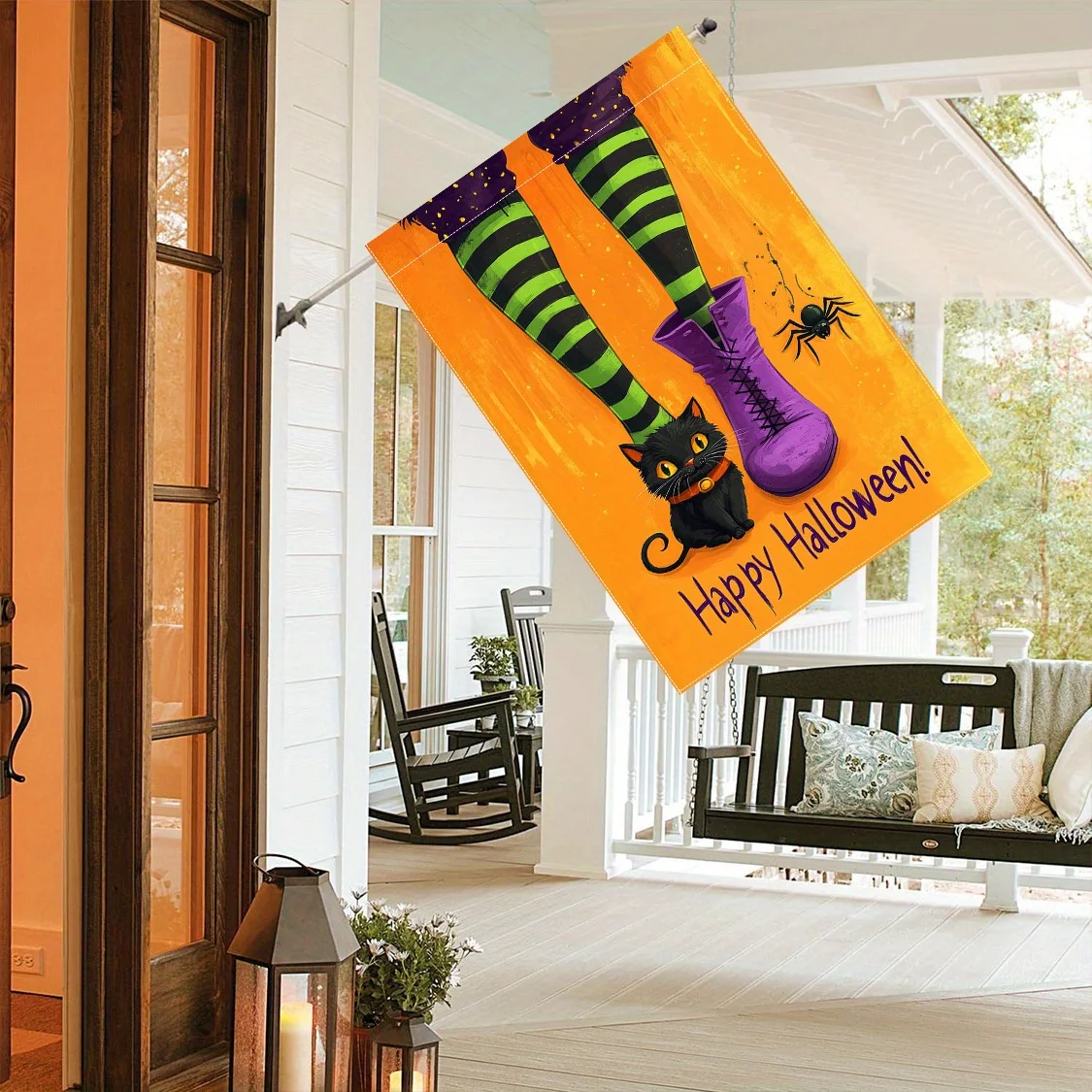 Happy Halloween Garden Flag - Double-Sided Polyester Yard Flag with Witch Legs, Spider & Black Cat Design, No Power Needed