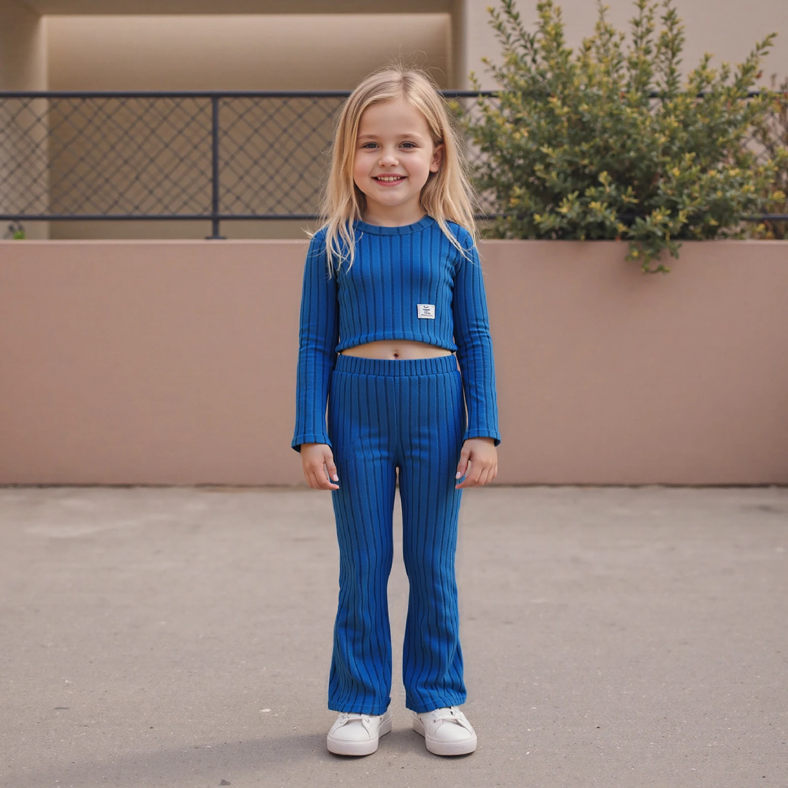 توين فتاة الخريف متماسكة ملابس الصلبة مضلع كم طويل جولة الرقبة قمم مرونة الخصر مضيئة السراويل 2 قطعة مجموعة #5