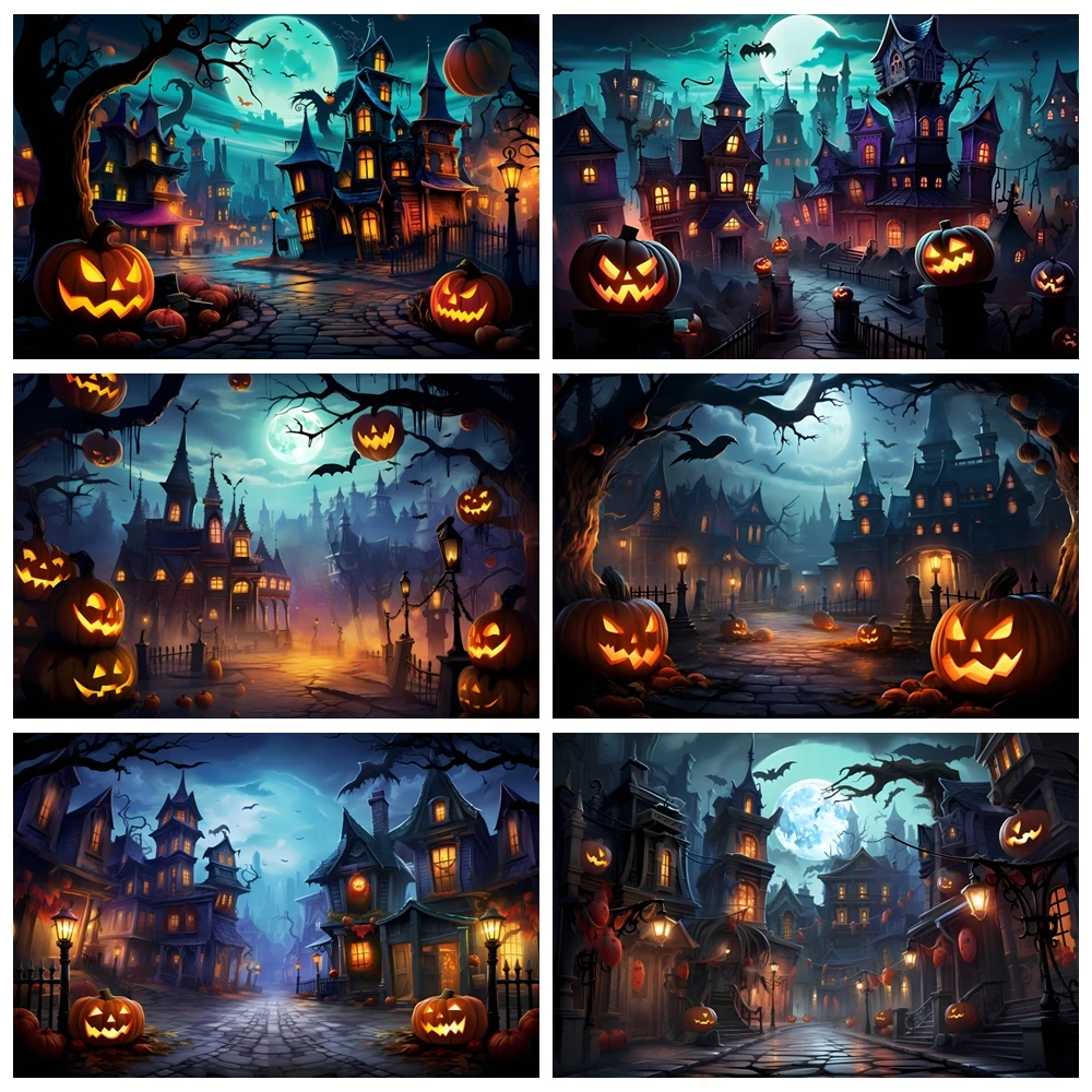 

Happy Halloween Photography Backbdrop Horror Night Full Moon Scary Castle Forest Pumpkin Kids Portrait Photo Background Decor