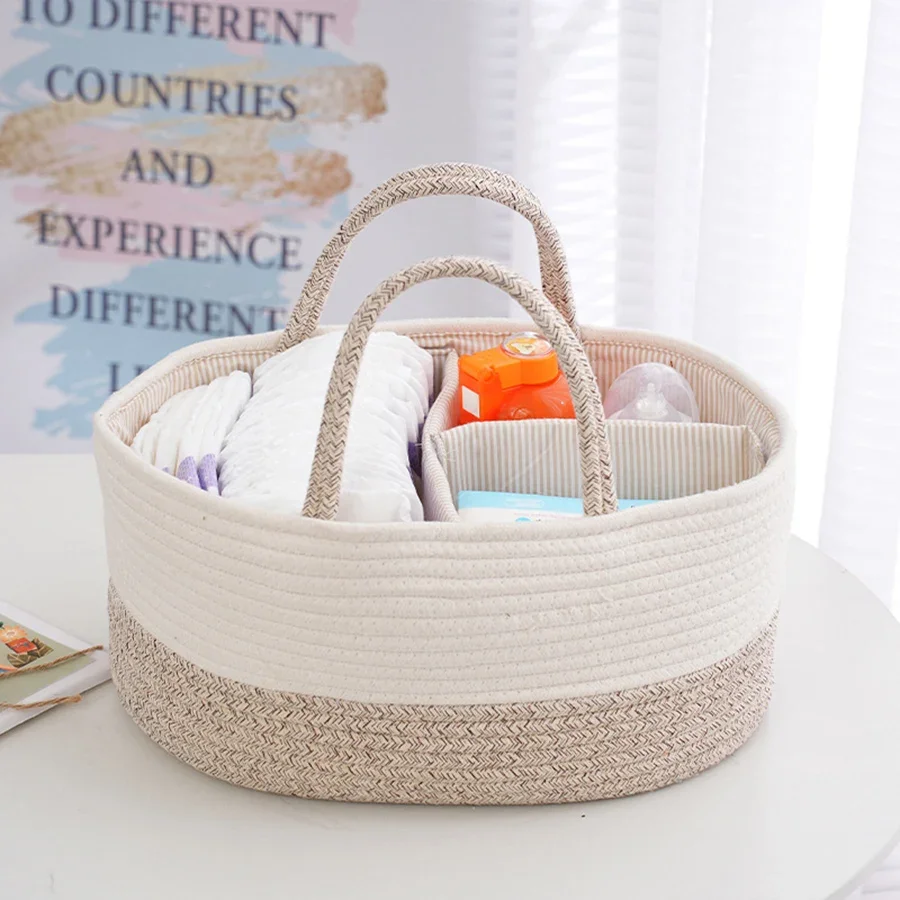 

Mother and Baby Diaper Storage Basket with Multifunctional Grid Cotton Rope Woven Diaper and Mother and Baby Storage Artifact