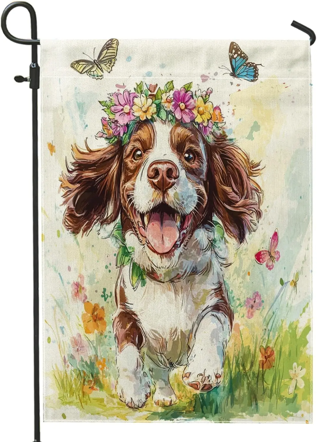 Spring Springer Spaniel Dog Garden Flags 12”x18” Double Sided for Outside, Cute Butterflies Front Yard Small Canvas House Fl ZZM