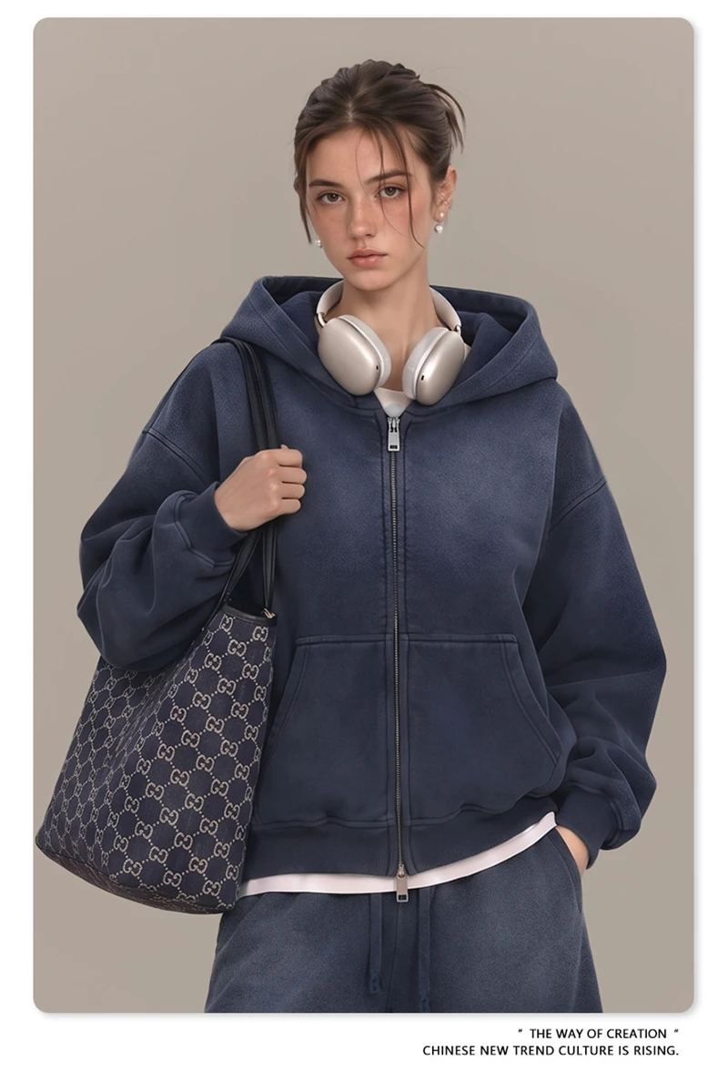 ZODF Retro Winter 400gsm Monkey Washed Fleece Zipper Hoodie Unisex Boxyfit Distressed High Street Hooded Jackets Outwears HY1330