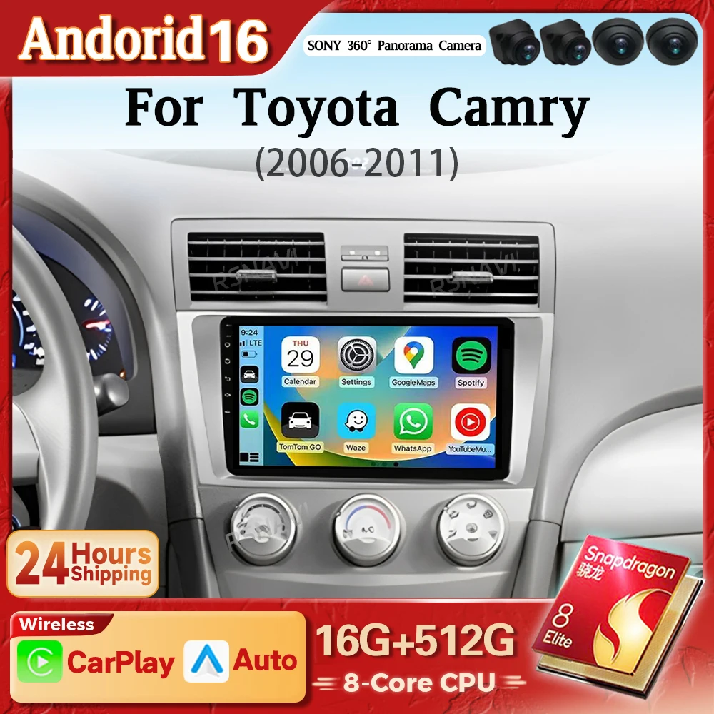 Radio para Auto con Android 16, Navegación, Reproductor Multimedia para Toyota Camry 2006-2011, Carplay, Estéreo para Auto, wifi+4G, Video, Snapdragon, BT