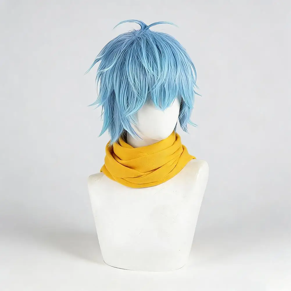 Peruki cosplay unisex srebrno-niebiesko-żółte z siatkami na włosy, kompletny zestaw do stylizacji dla kobiet i mężczyzn, nie wymagają przycinania, długie i krótkie.