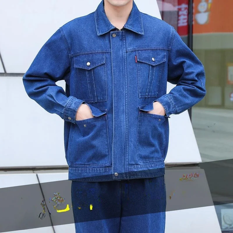 

Thiened Pure Cotton Work orm Set for Men Welding Heat Resistant Wear Proof Overalls with Big kets Workwear