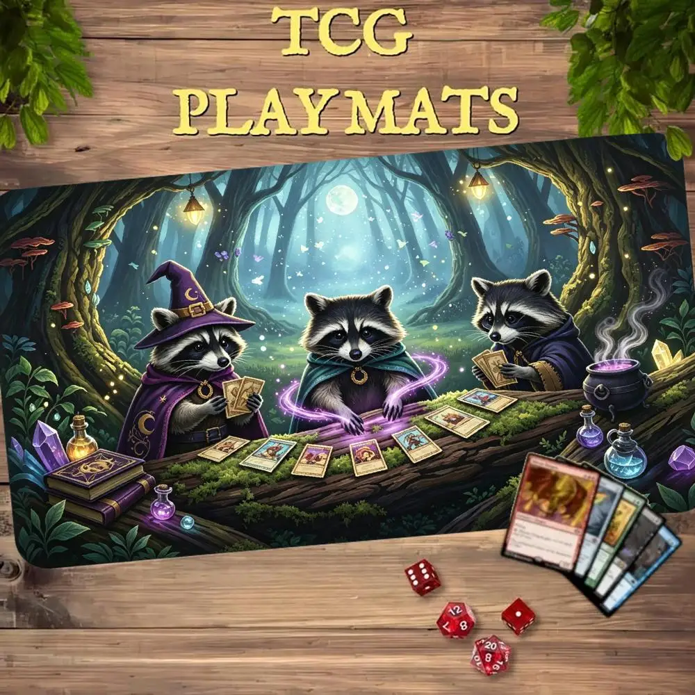Cute Wizard Raccoons MTG Trading Card Playmat 600x350 TCG Play Mat Non-Slip Durable Stitched Edge Magic Gathering Card Game Mats